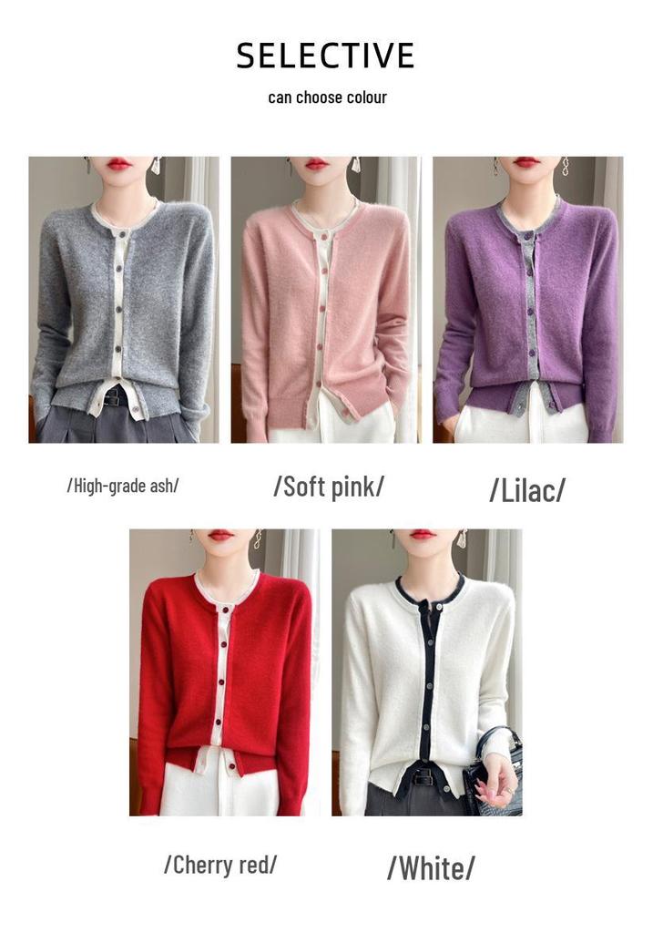 Women's Korean Style Color-Block Cashmere Cardigan - 100% Wool, Round Neck, Fake Two-Piece, Loose Fit, Autumn/Winter Short Jacket