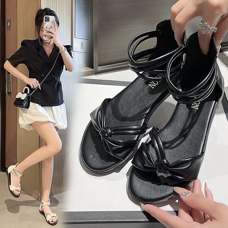 Footwear Zip Summer 2024 with Low Heels Ladies Shoes Beach Black Sandals for Women Bow Anti Slip Hot Comfort Asian Size H Sandal