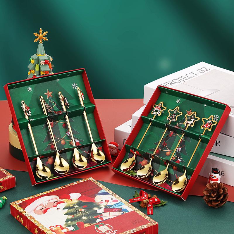 2/4Pcs Christmas Coffee Spoons Set Gold Christmas Stainless Steel Spoon Dessert Spoon  Year Decoration For Tableware