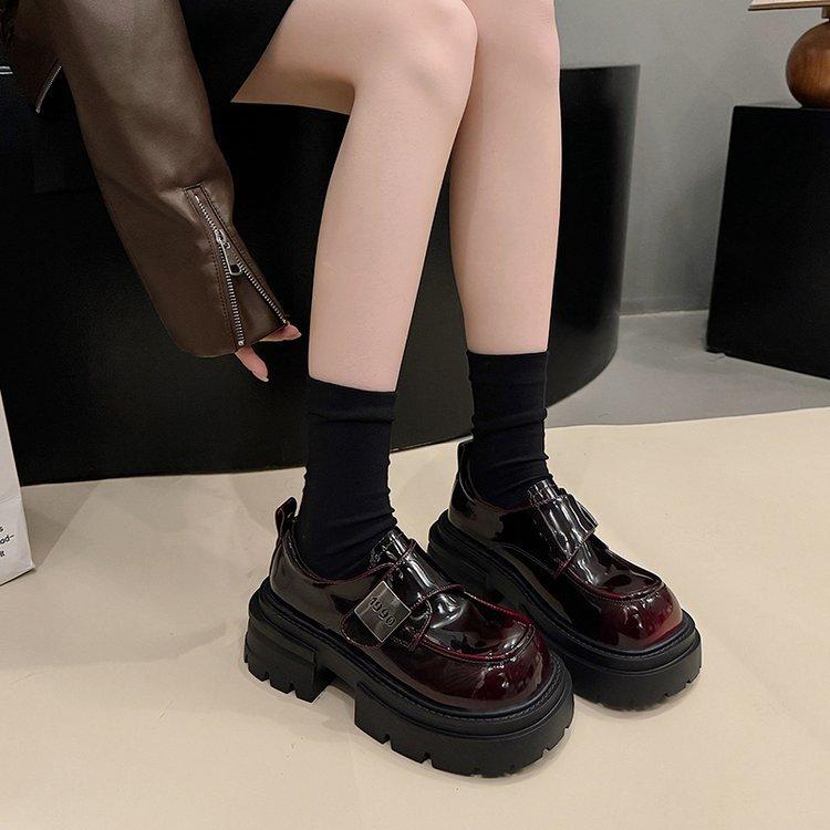 2025 Spring New British Style Small Leather Shoes One Pedal Platform Velcro Red Loafers Women's Lazy Single Shoes