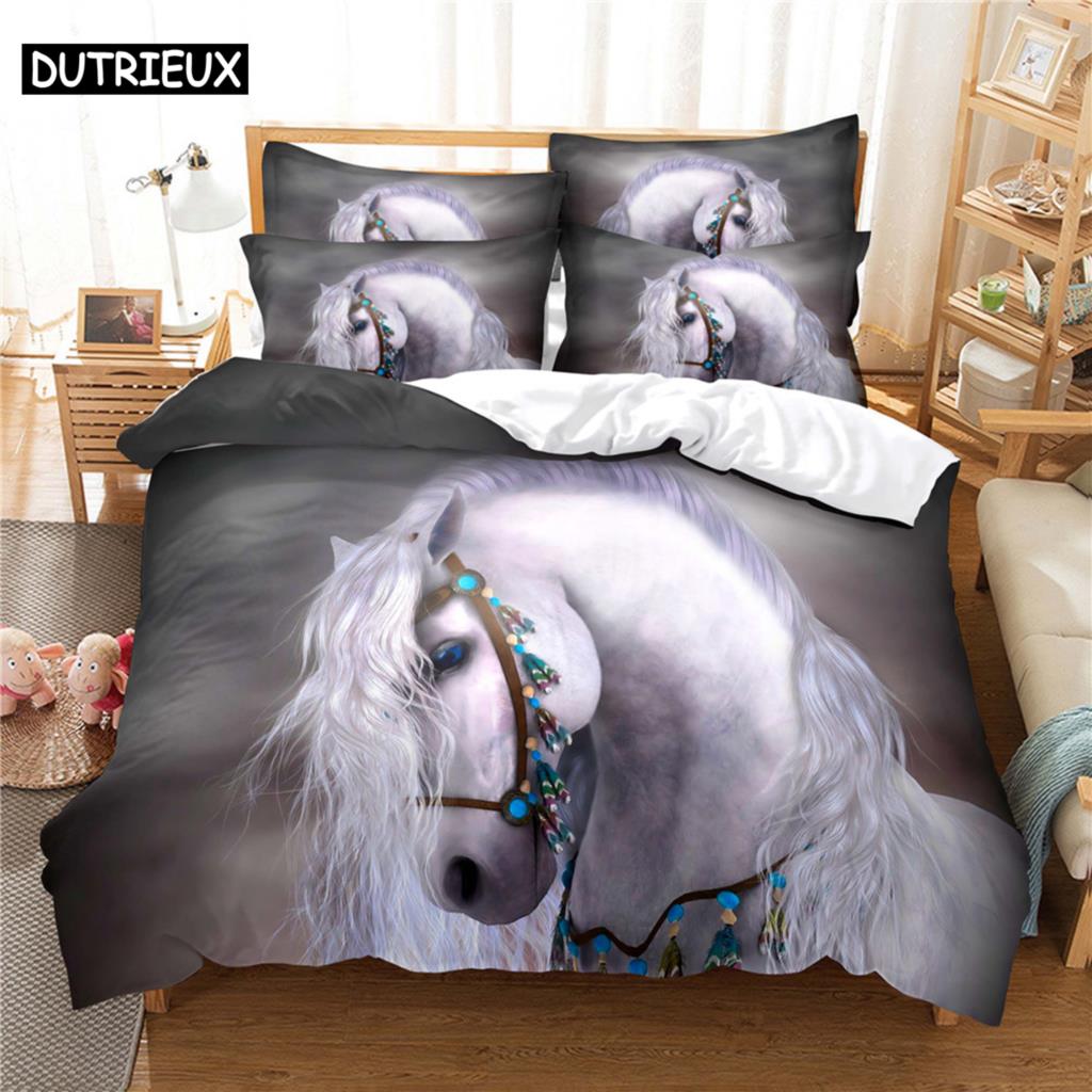 

3D Printed Queen Size Bedding Set with Horse Theme, Duvet Cover Set (135x200cm)&set