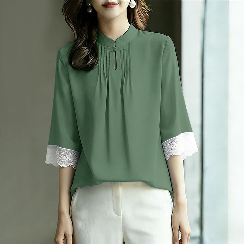 ZANZEA Women Casual Stand Color Lace Splice 3/4 Sleeve Loose Blouse