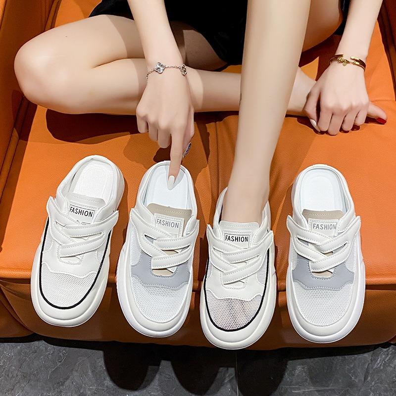 Fashion 2025 Women Baotou Mesh Casual Shoes Summer Lazy Slippers Fashion Breathable Soft-soled Round-toe White Sandals Zapatos De Mujer
