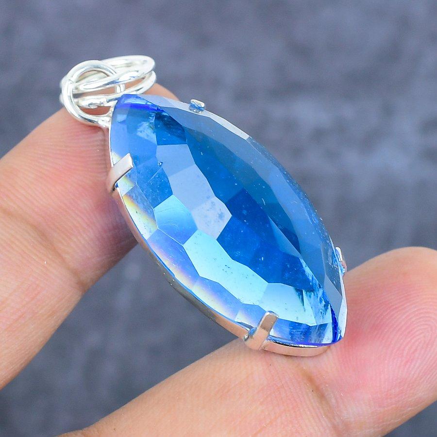 Swiss Blue Topaz Gemstone Handmade 925 Sterling Silver Pendant 1.97" Z8Y60