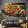 2D Retro Food Market Tapestry, Vintage Wooden Crates with Fresh Produce Background Cloth