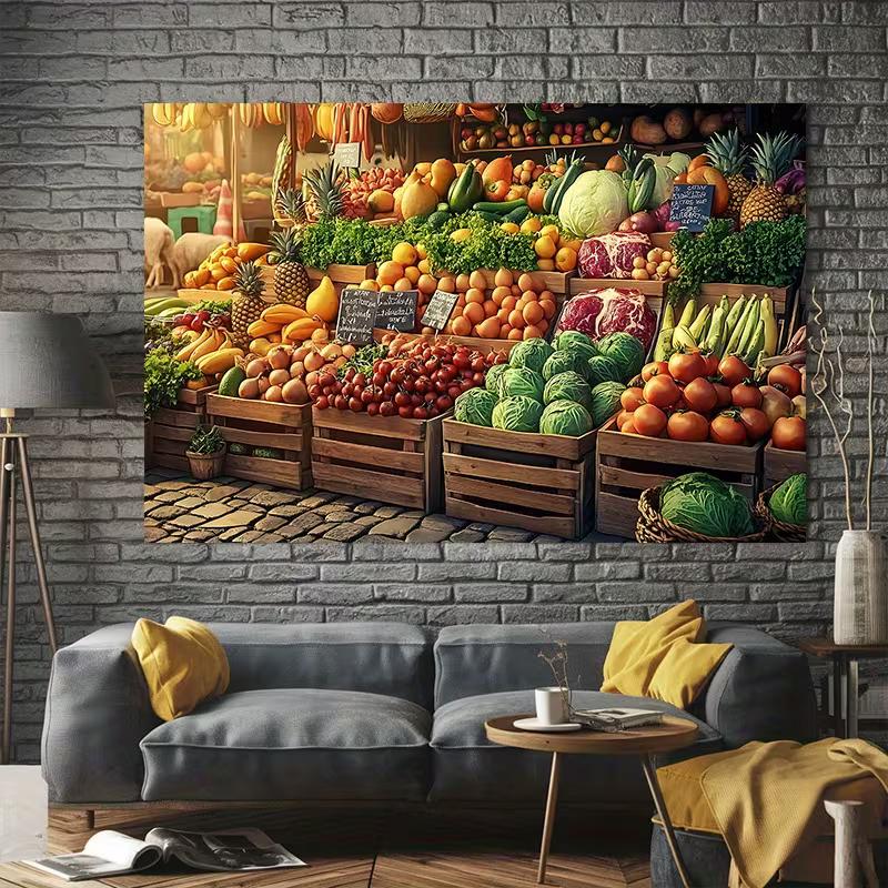 2D Retro Food Market Tapestry, Vintage Wooden Crates with Fresh Produce Background Cloth