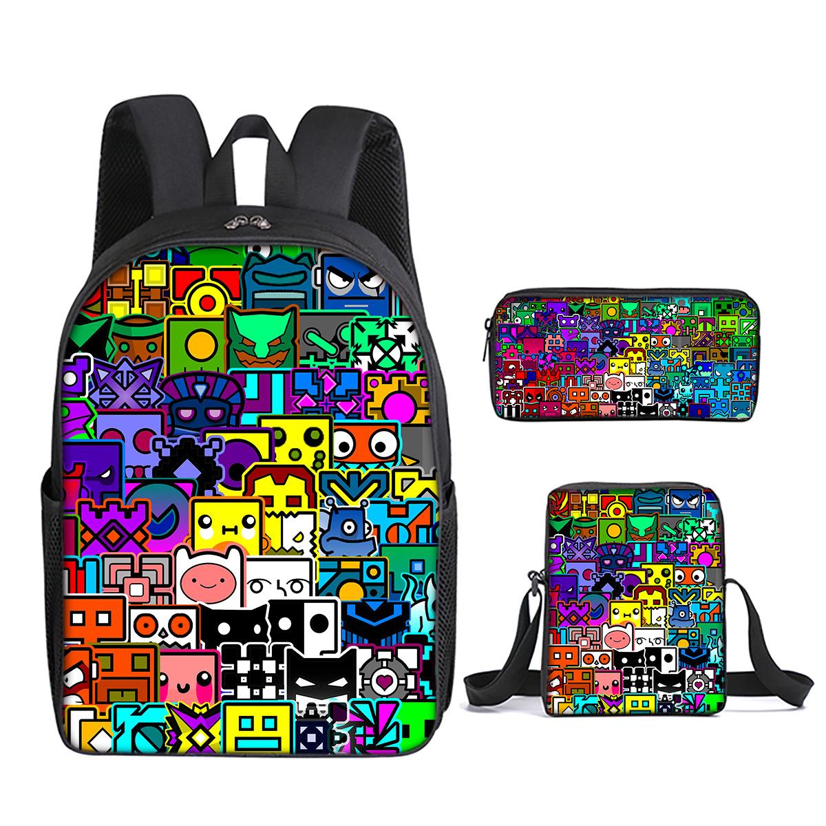 Klassiek Populair Geometry Dash 3D Geprint 3 stuks/Set leerling Schooltassen Laptop Dagrugzak Rugzak Schuin gedragen schoudertas Etui