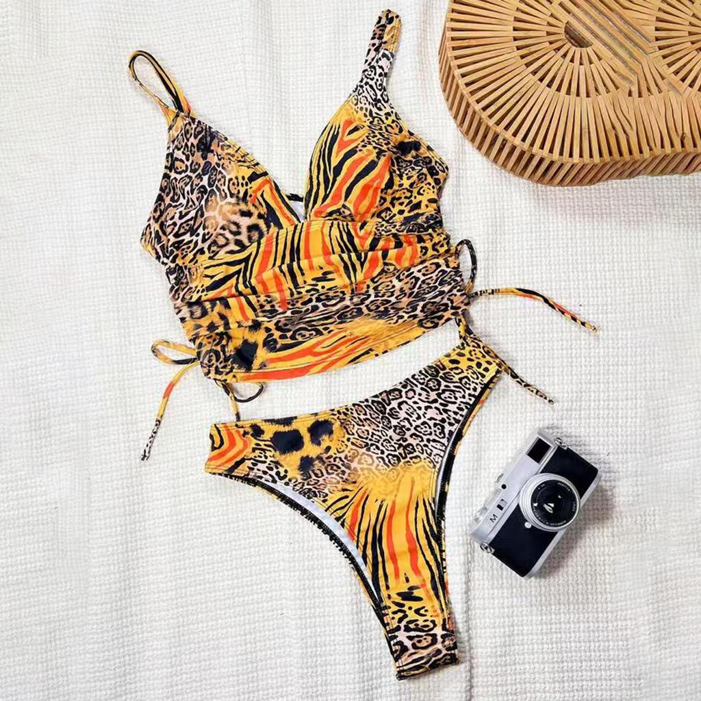 Women’s Two Piece Swimsuit Deep V Neck Tank Crop Top High Waist Bikini Set with Animal Print Pattern for Beach Pool Swimwear