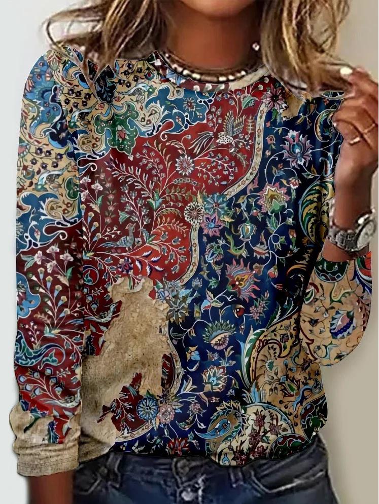 

2024 Европейская и американская женская осенне-зимняя футболка с длинным рукавом, принтом и круглым вырезом Small