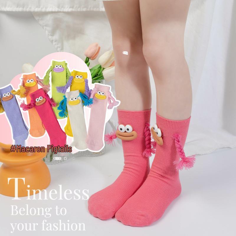 Girls' Cute Pink Knee-High Slouch Socks with Quirky Braids - Summer Thin Edition