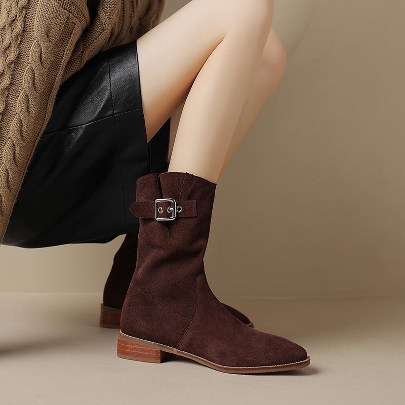 Fashion 2025 New Autumn Winter Cow Suede Women Boots Fashion Med Heel Round Toe Women Shoes Short Boots Western Boots