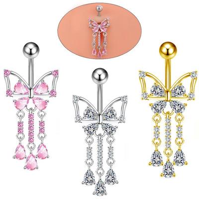 G23Titan Pink Zircon Flower Belly Button Ring Drop Chain 14G G23 Titanium Curved Barbell Navel Piercing Women Girls Sexy Jewelry