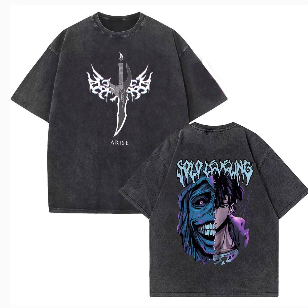 Vintage Washed Japanese Anime Solo Leveling T Shirt Men Sung Jinwoo Cartoon Harajuku Short Sleeve High Quality Cotton Tshirt