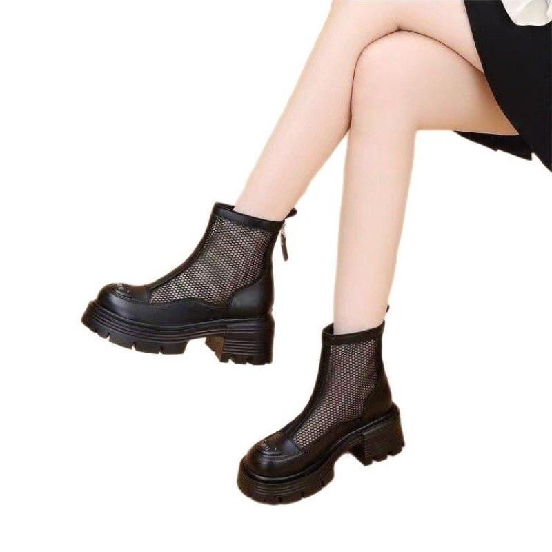 Spring and summer new thick-soled hollow mesh boots women's breathable mesh middle heel fashionable zipper personalized cool boots