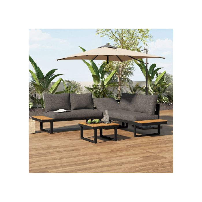Garden Furniture Set with Adjustable Tilt Angle (5 Positions, Maximum 55°) Including a Coffee Table, Grey + Black