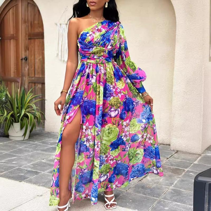 New fashion off-the-shoulder long lantern sleeves, printed dress women's clothing