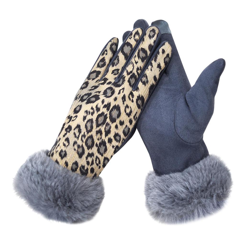 Leopard Print Plush Touchscreen Winter Gloves for Women - Velvet Lined