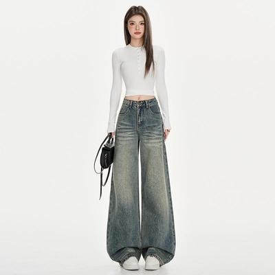 Pikantní Dívka Dámské Podzimní Street Style Džíny s Rovnou Nohavicí Volné Zeštíhlující Široké