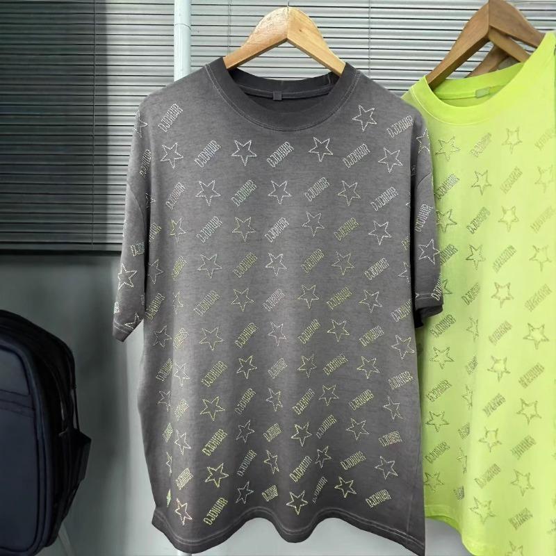 Women's Summer Round-neck Short-sleeved T-shirt Heavy Diamond Ironing Washed and Aged Loose Top