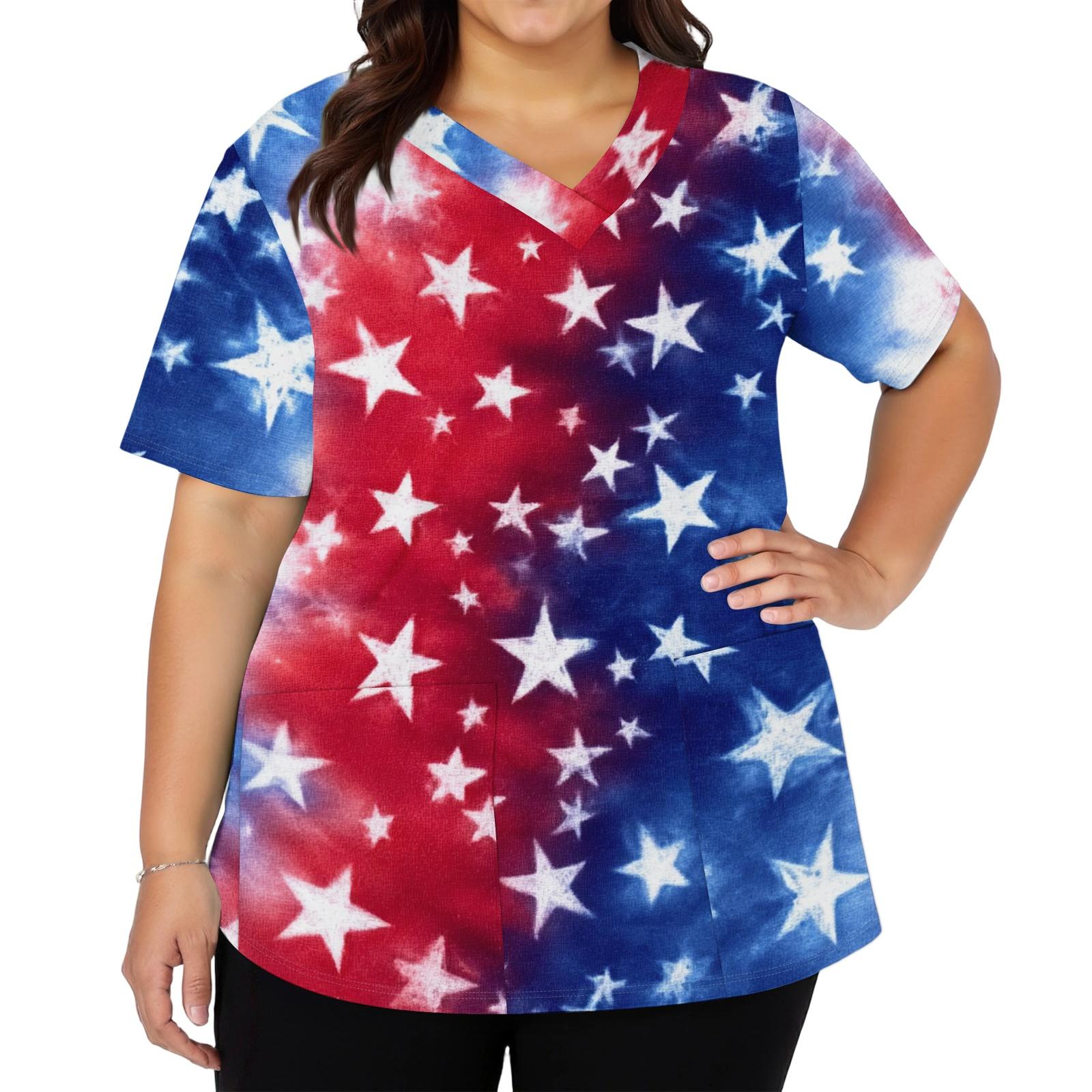 

Женская модная повседневная рабочая рубашка с принтом американского флага и звезд к Дню независимости, с V-образным вырезом, короткими рукавами, разрезами по бокам и карманами L темно-синий