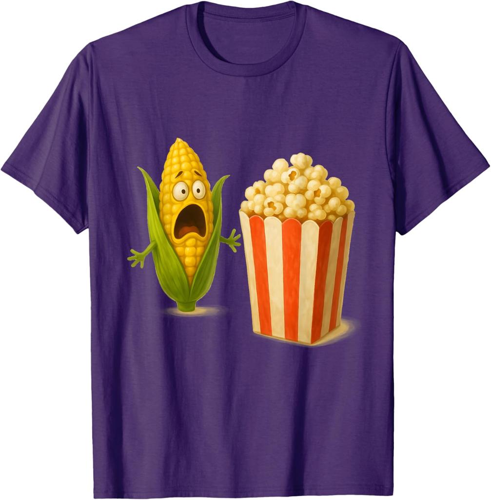 Funny Screaming Corn Popcorn Horror Food Humor Graphic Tee Casual Cotton T-Shirt for Men Women