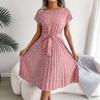 Women Casual Short Sleeve Floral Print High Waist Pleated Midi Dress