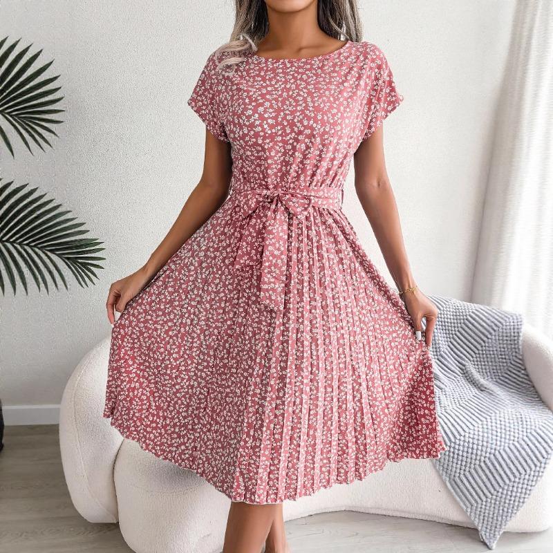 Women Casual Short Sleeve Floral Print High Waist Pleated Midi Dress