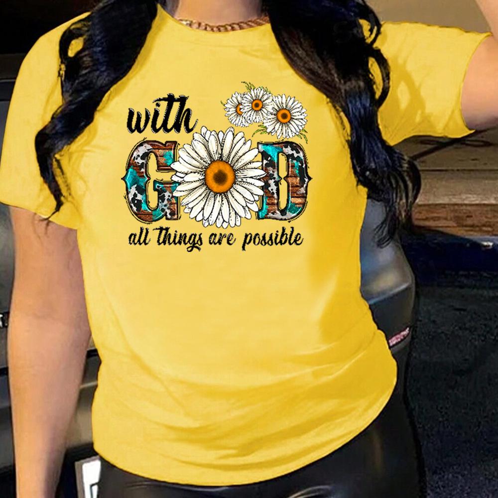Cotton T-Shirt Short Sleeve Round Neck Women 2d Print Tops