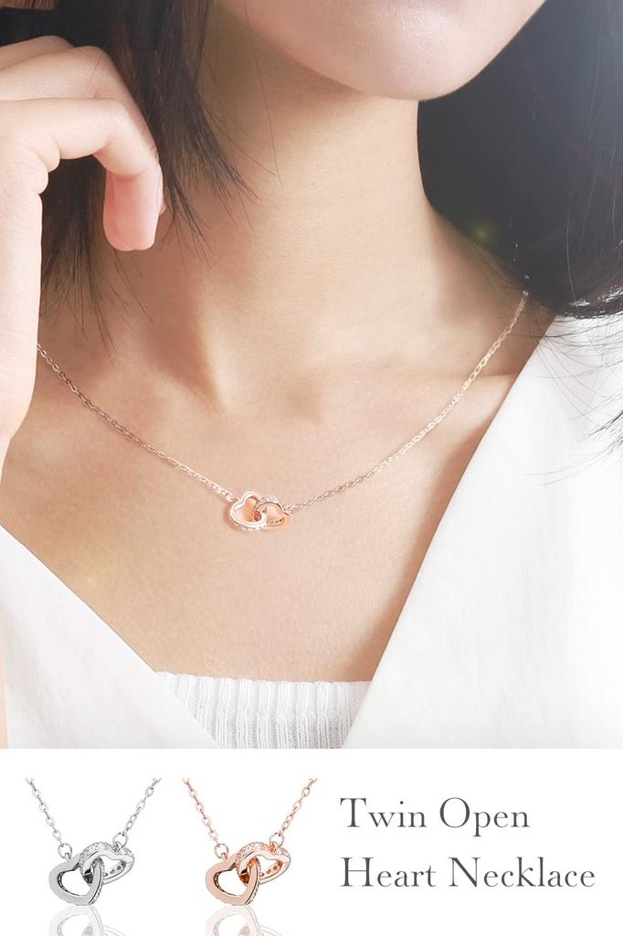 Necklace Pendant Twin Open Heart Design for Highest Quality Cubic Silver 925 [La Paume] Women, Zirconia, Hypoallergenic, (Pink Gold)