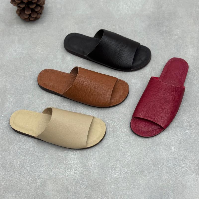 Johnature Retro Genuine Leather Flat Slippers Leisure Versatile Peep Toe Soft Sole Women's Outdoor Slides