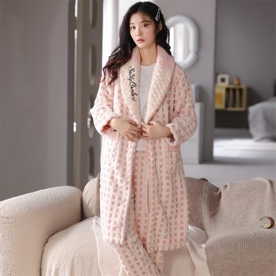 Coral Fleece Nightgown Women 'S Winter Lace -Up Pajamas Homewear Flannel Hotel Style Long Bathrobe Set