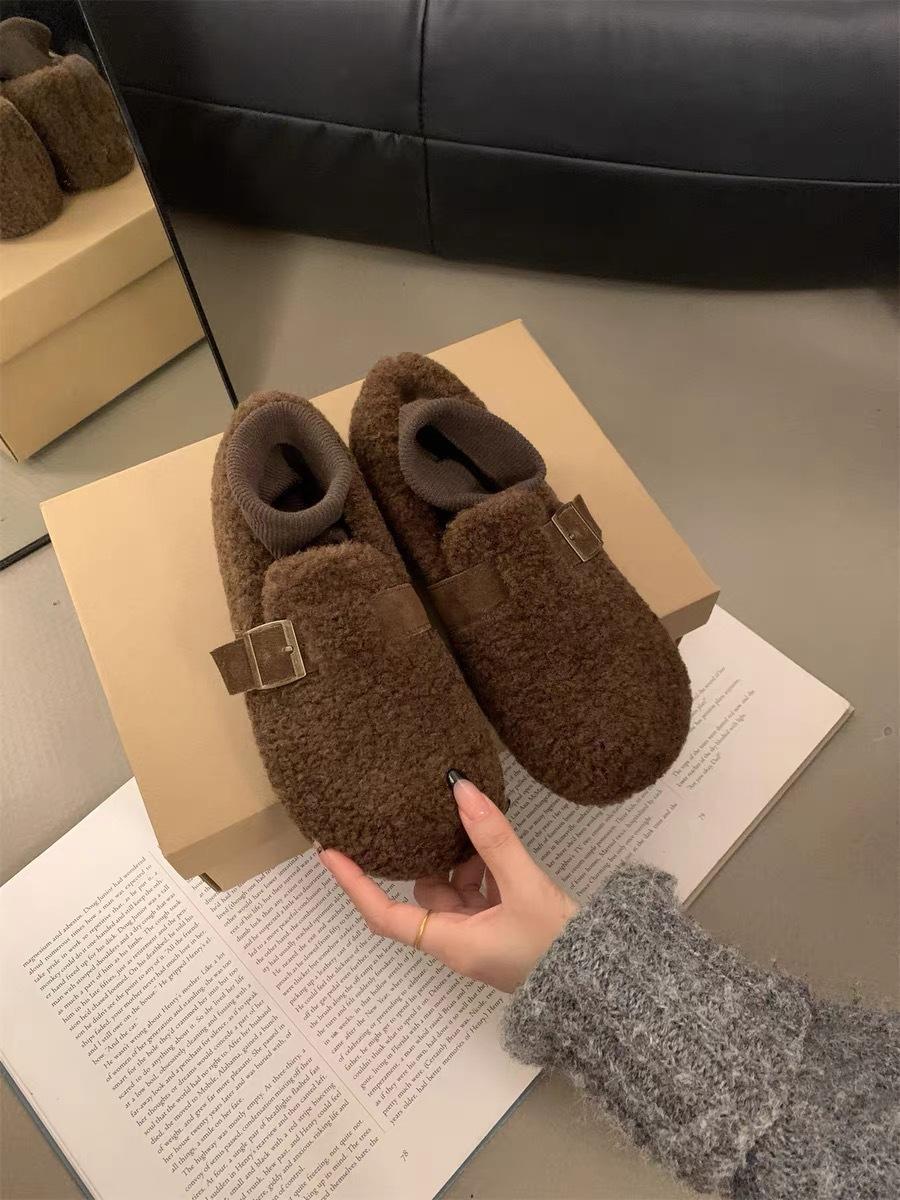 

Интернет знаменитости внутренняя высота увеличение пух перетаскивание флис одиночные туфли женщины 2024 осень и зима новая мягкая подошва корейская версия Doudou sho 40 темно-коричневого