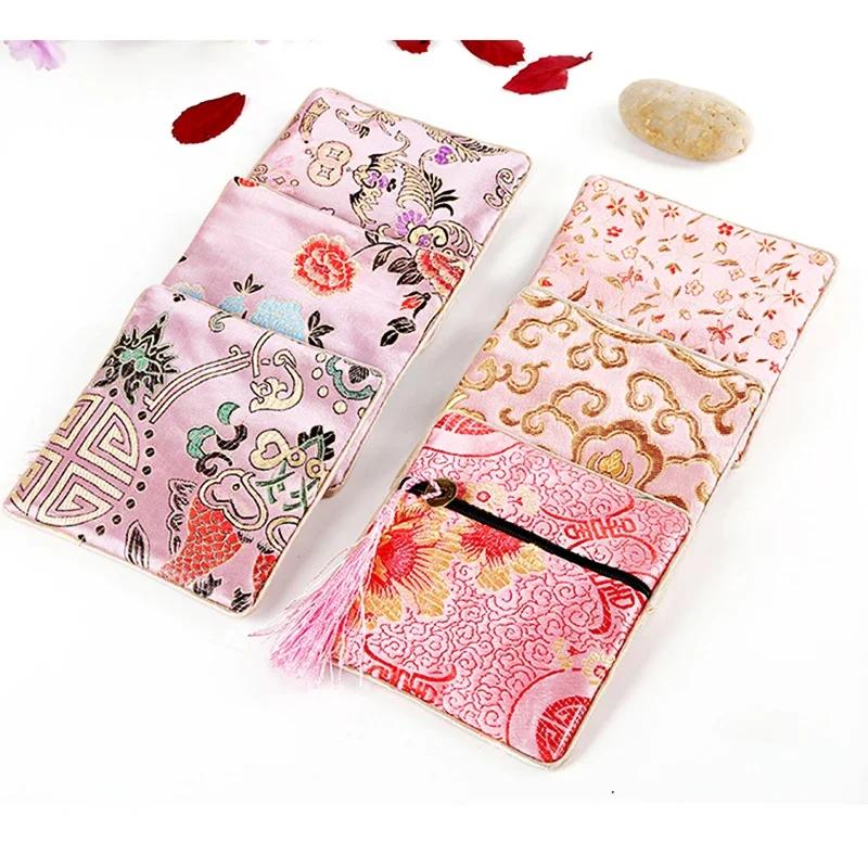 Chinese Brocade Jewelry Bag Handmade Silk Embroidery Padded Small Zipper Tassel Jewelry Organizer Storage Pouch Satin Gift Bag
