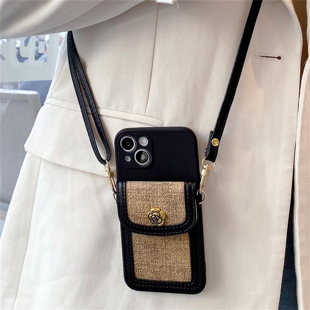 Luxury 3D Camellia Flower Leather Card Bag Crossbody Lanyard Soft Case For iPhone 16 15 14 Pro Max 13 12 11 X XS XR 7 8 Cover