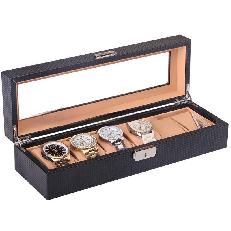 Carbon Fiber 6-Slot Leather Watch Display Box - PU Storage for 6 Watches
