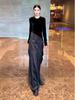 2026 Spring Women's Black Velvet Patchwork Slim Fit Luxury Long Dress