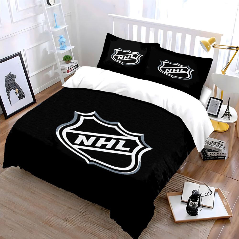 NHL Logo Black and White Design Print Bedding Set Duvet Cover Pillowcases (1* Duvet Cover 2* Pillowcases Do Not Include Comforter)