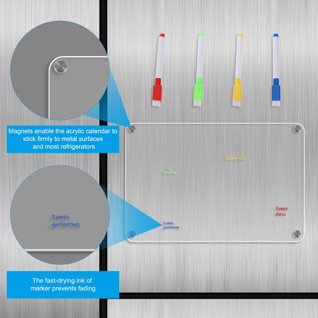 12"x8" Magnetic Acrylic Calendar, Clear Dry Erase Board Note Planner with 4 Markers Planning Board for Refrigerator