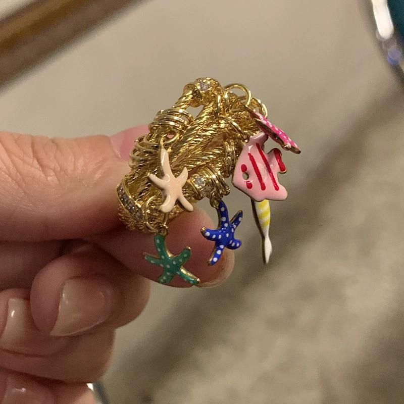 Marine Metal Enamel Small Fish Starfish Pendant Ring Stacked Index Finger Ring Fashionable Individual Trendy Jewelry Accessory