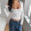 European & American Y2K Style Square Neck Long Sleeve Slim Fit Ribbed T-shirt