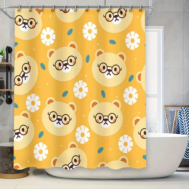 

Animal Print Shower Curtain Yellow with Flowers Cartoon Dogs Eyes Glasses Home Decor Bath Rug 90x180cm