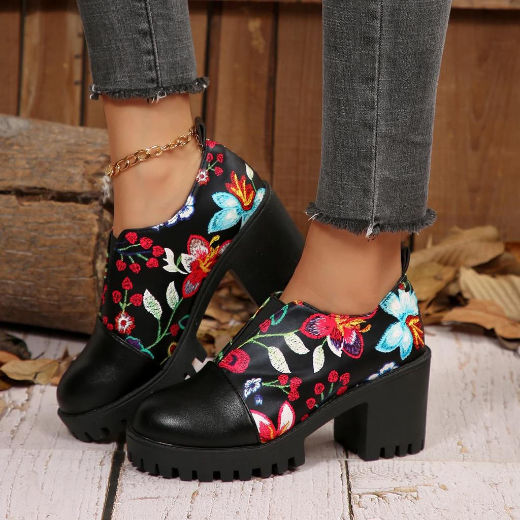 Fashion Spring and Autumn Women High Heel Pumps Trend Casual Heels Female Flower Fashion Leather Women Shoes 2025 Autumn New High Heels