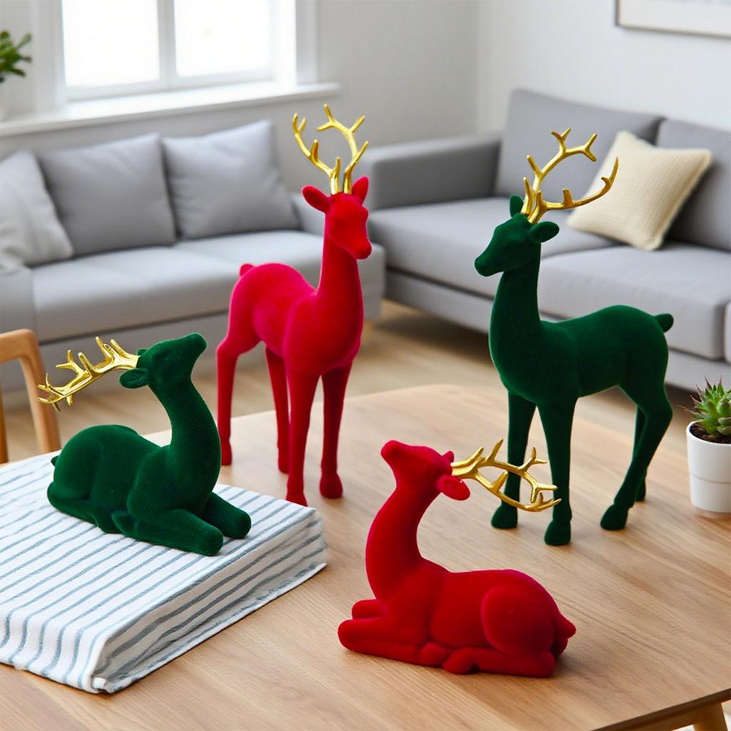 Christmas Reindeer Figurines 2Pcs Flocking Deer Statue Tabletop Decor for Living Room Home Office Holiday Party Christmas Decor