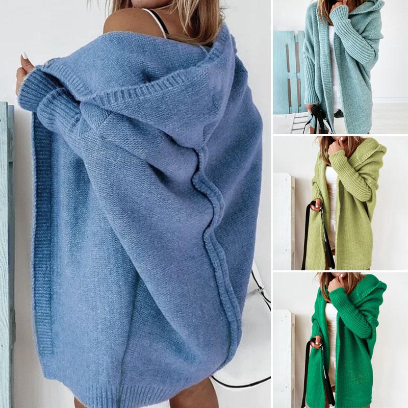 

Женское пальто больших размеров с длинным рукавом, осенне-зимнее пальто с капюшоном, вязаный кардиган, мягкий трикотаж