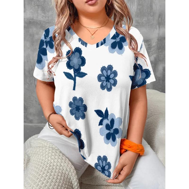 Sommer Damen 3D-Druck V-Ausschnitt T-Shirt Mode Vielseitig Trend Atmungsaktiv Lässig