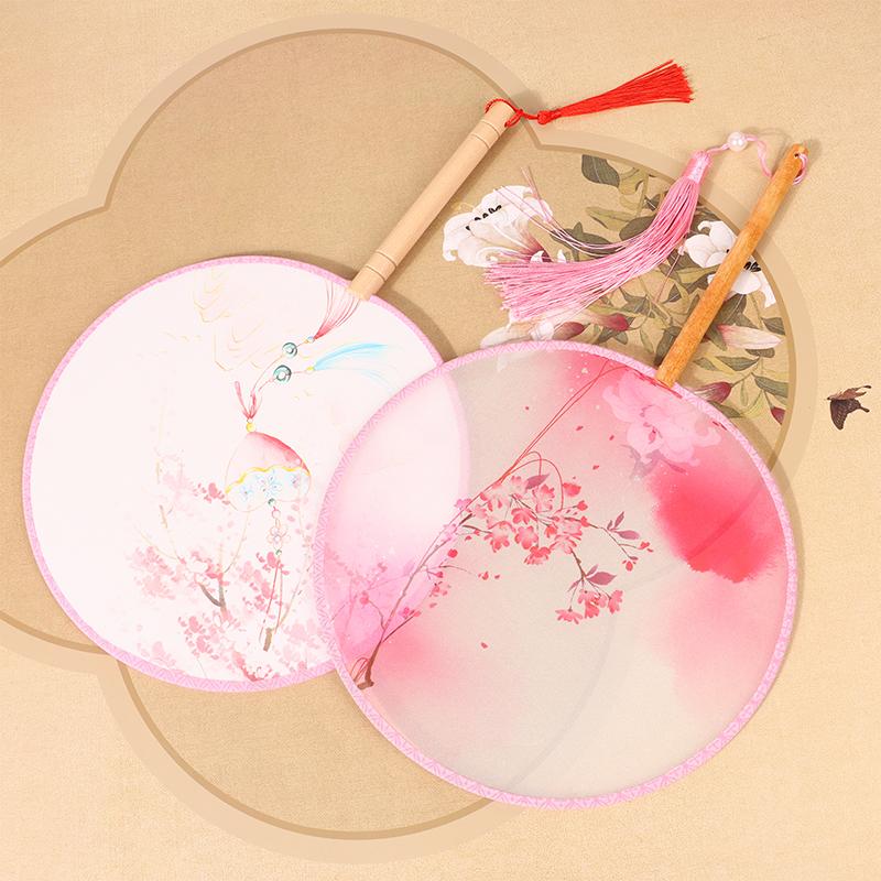 Chinesischer Runder Handfächer Vintage Druck Seidenfächer Antike Quaste Tanzhandfächer Cheongsam Tang Anzug Hochzeitsfeier Accessoires