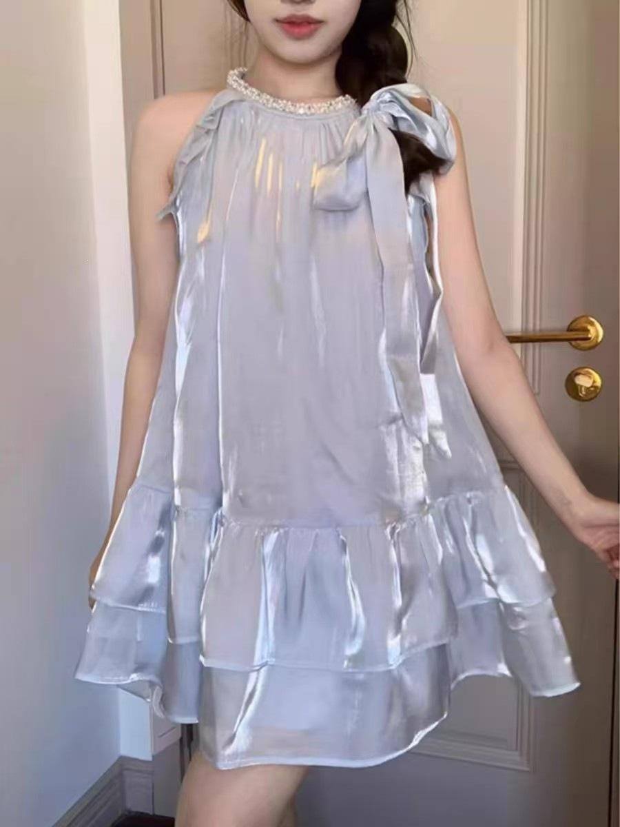 

Blue fashion celebrity daughter temperament neck collar regular dress super good-looking women s A-shaped skirt S синий
