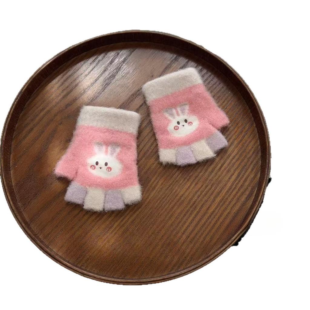 Baby Halbfingerhandschuhe Herbst und Winter Cartoon Fünffinger Farbblockierung Hase Niedlich Warm Schreiben Halbfinger