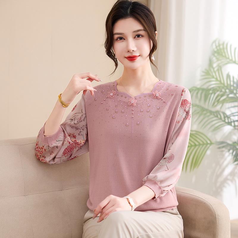 

Spring/Summer Ice Silk Seven-Sleeve Chinese-Style T-Shirt with Stand Collar & Gauze Sleeves for Middle-Aged & Elderly Women 3XL розовый