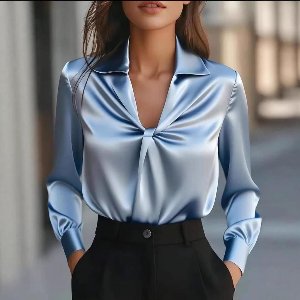 Women's Autumn Fashion Solid Satin Pleated Long Sleeve Shirt